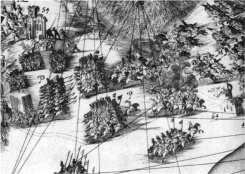 Бой русской и польской конницы под Смоленском (1632-33 гг.). Фрагмент гравюры В. Гондиуса &laquo;План осады Смоленска&raquo;. Данциг. 1636 г.