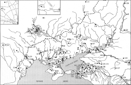 Распространение погребений поздних кочевников с кольчугами и шлемами; кольчугами; шлемами в Восточной Европе.