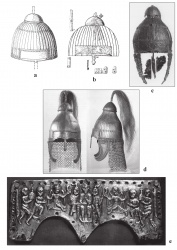 Европейские аналогии шлема. А. Катакомба 1881 года на ул.Госпитальная в Керчи (Украина), B. Ильичевское городище (Россия), С. Болгария, D. Нидерштоцинген (Германия, Баден-Вюртенберг, современная реконструкция), E. Вальдиньеволе, Тоскана (Италия).
