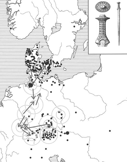 Распространение восьмигранных мечей как указание на передвижения наемников и торговцев в XV и XIV вв. до н. э. Круги обозначают отдельные культурные группы, а стрелки показывают места, где женщина была погребена за пределами родного региона