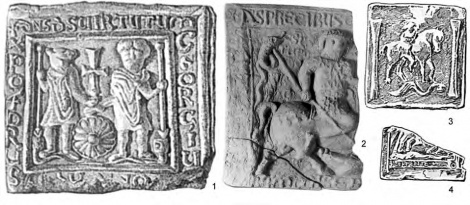 Керамические иконы: 1-2 — крепость Виница: 1 — с изображением св. Георгия и св. Христофора (VI в.); 2 — с изображением св. Феодора; 3-4 — Северная Африка, с изображением св. Георгия? (V-VI вв.