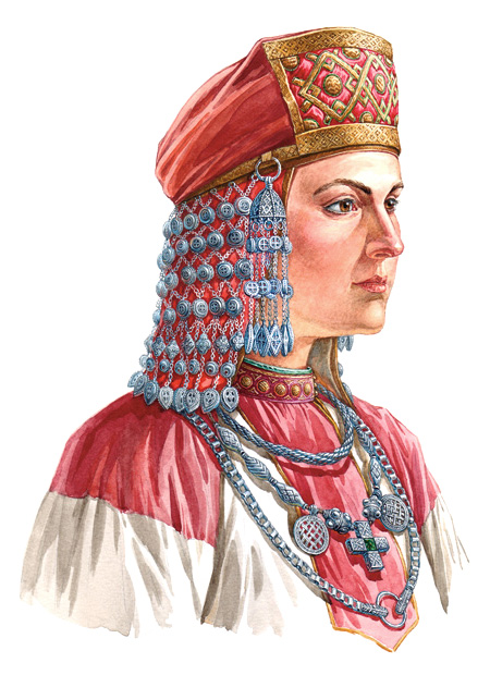 Славянская женщина в уборе с колоковидными подвесками и сеткой-поднизью. По материалам кладов Старой Рязани и Новгородской земли, в. п. XII в.