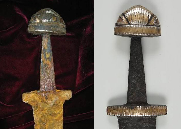 Древнерусский меч типа V, найденный на дне Днепра у острова Хортица в Запорожье (Национальный музей истории Украины, г. Киев): до реставрации / после реставрации.