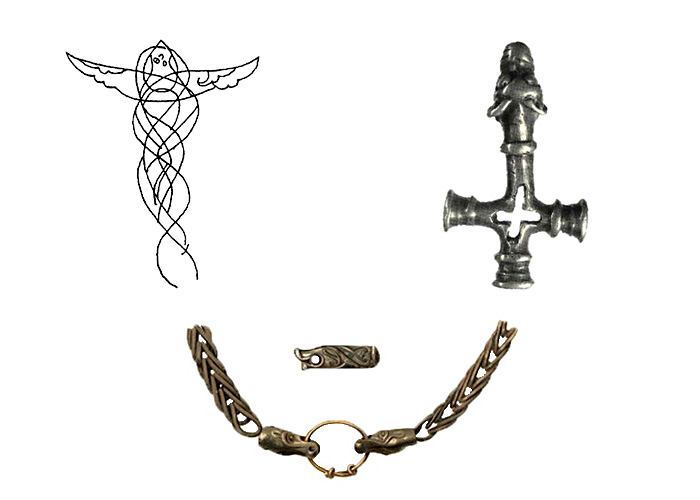 Рисунок-граффити на серебряной чаше из Чернигова (птица?). / Серебряный крест из Национального музея Исландии. X в. / Серебряные плетеные цепи из клада у Борисоглебского собора в Чернигове. Конец XII – начало XIII в.