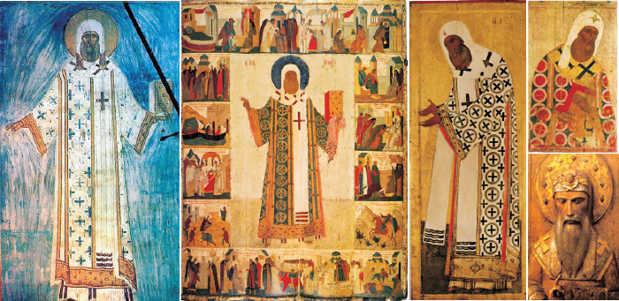 Петр митрополит московский на фреске Дионисия, житийной иконе и иконе из иконостаса, иконе работы Андрея Рублева и резное изображение митрополита Феогноста.