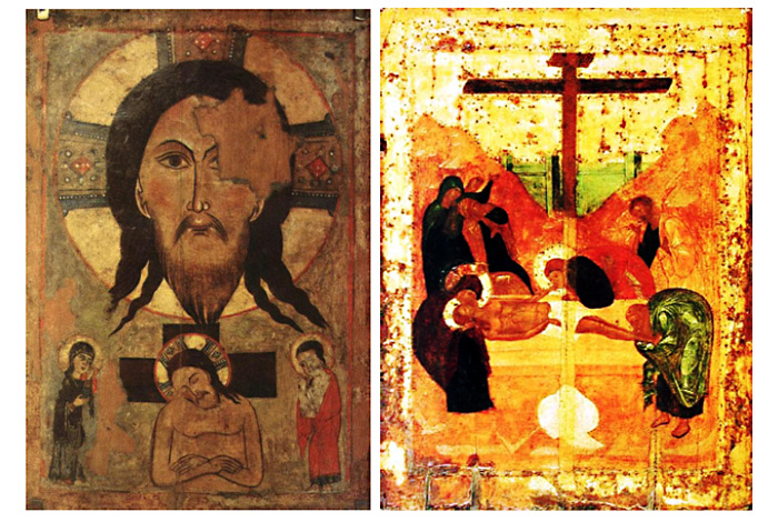 На иконе вверху находится убрус с образом «Спас Нерукотворный». / «Положение во гроб»