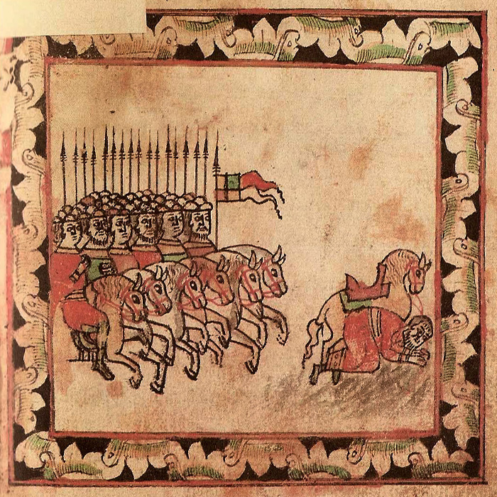 3. Сказание. Л. 66. «Волынец, сшед с коня, паде на землю и на долг час лежа и паки воста»