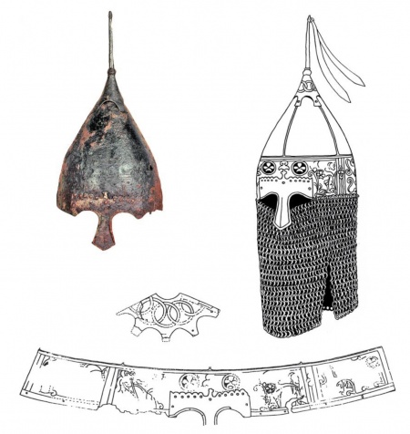 Шлем из Таганчи: фото; прорисовка узора; реконструкция шлема (рисунок А.Е. Негина)