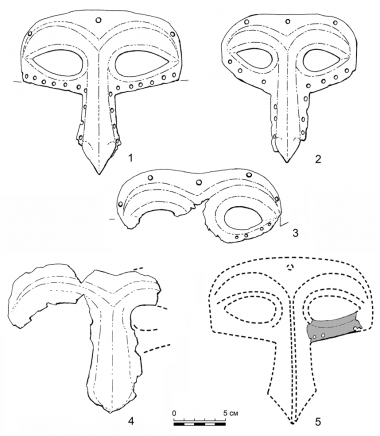 Полумаски: 1 — Никольское; 2 — Харьковская обл.; 3 — Городец; 4 — Свислочь; 5 — Великий Новгород.