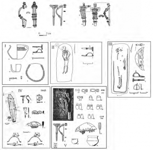 Фибулы типа Грудек-149 и фибулы с уникальным зерненым декором: 1 – кобылля; 2 – ружичанка/п. 4; 3 – Херсонеса. I – слюсегард/п. 70; II – Гродек/149; III – Гродек/ п. 44; IV – Веклице/п. 82; V – Ружичанка/п. 4