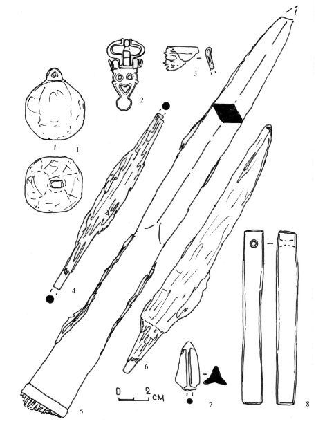 Инвентарь погребения № 525. 1 - кистень; 2 - поясная пряжка; 3 - фрагмент венчика со­ суда; 4 - проволочный стержень; 5 - наконечник копья; 6 - нож; 7 - наконечник стрелы; 8 - точильный брусок. 1, 4-7 - железо; 2 - бронза; 3 - дерево; 8 - камень.