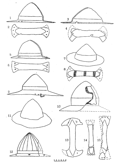 Детали щитов: 1,2 - Компанийцы; 3,4 - Тыргшор; 5,6 - Беленькое; 7,8 - Малаешты, погр.20; 9 - Могошани; 10 - Медиаш; 11 - Малаешты, погр.З; 12 - Будешти (Румыния); 13 - Курники; 14 - Оселивка; 15 - Александрова.