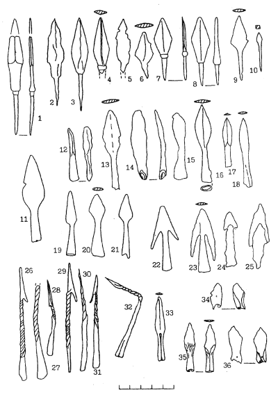 Наконечники стрел: 1,8 - Каменка-Анчекрак; 2 - Комрат; 3 - Делакеу; 4,9,23 -Оселивка; 5 - Переяслав-Хмельницкий; 6 - Петроасы; 7 - Гринчук; 10,17 - Леськи; 11 - Добрынивцы-1; 12,15 - Рипнев-2; 13 - Попив Яр; 14 - Кобылля; 16 - Комаров; 18,21,27-32 -Лепесовка; 19 - Берислав; 20 - Ставище; 22 - Поэнешти; 24 - Ханска-Лутерия 2; 25 -Лопатна; 26 - Бакота; 33 - Викнины; 34-36 - Ханешти. 1-32 - железо, 33-36 - бронза.