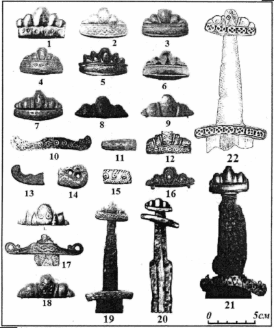 Наверщя руків'їв мечів (1-18) а також фрагменти мечів куршського типу з території Латвії, Естонії та Білорусі (19-21) – (за А. Томсоном та В. Казакявічусом): 22 – (за Р. Широуховим)