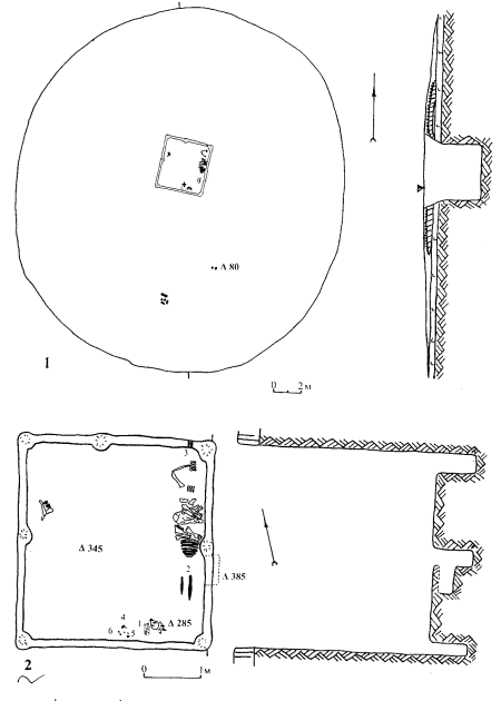 Курган поблизу смт Коротич: 1 — план та розріз кургану; 2 — план та розріз поховання: 1 — вістря стріл; 2 — наконечники списів; 3 — втоки; 4 — вудила; 5 — ромбоподібна бляшка; 6 — бляшки-розетки