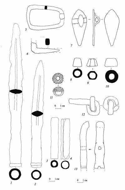 Предмети озброєння та кінського спорядження: 1, 2 — наконечники списів; 3, 4 — втоки; 5, 6 — пряжки; 7,11 — бляшки; 8-10 — ворворки; 12 — вудила; 13 — псалій. 1-4, 6,10,12,13 — залізо, 5, 7-9,11 — бронза