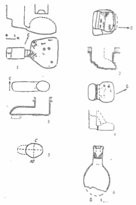 Плани та розрізи катакомбних поховань скіфського часу у сіверськодонецькому регіоні: 1 Веселе (Шрамко, 1992); 2 Рідний Край (Бандуровекий, Буйнов, 2000); 3 Пісочин (Бабенко. 2005); 4 Новий Мерчик (Шрамко, Бойко, 1988); 5 Черемушна (Либеров, 1962); 6 Ложечка. Селище поблизу м. Люботин. Випадкова знахідка. Матеріал: кістка.