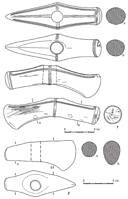 1 - случайная находка каменного топора из Самарской области; 2 - каменный топор из разрушенного кургана у с. Подстепки