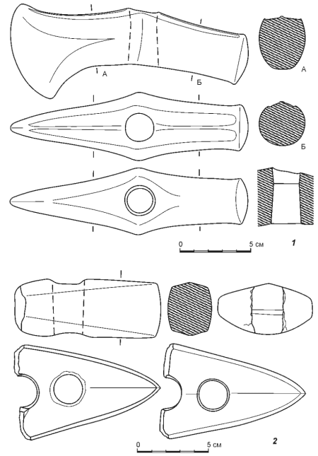 1 - каменный топор из Новопавловского курганного могильника; 2 - случайная находка каменного топора из Самарской области