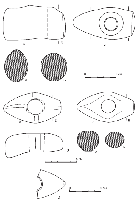 1 - каменный топор из III Кашпирского одиночного кургана; 2 - случайная находка каменного топора у с. Березовка. Рисунок по фотографии; 3 - Лбище.