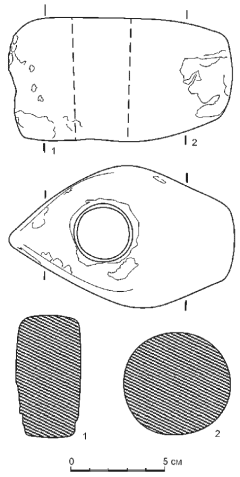 1 - Муромский городок, 1972 г.; 2 - случайная находка каменного топора у с. Алакаевка