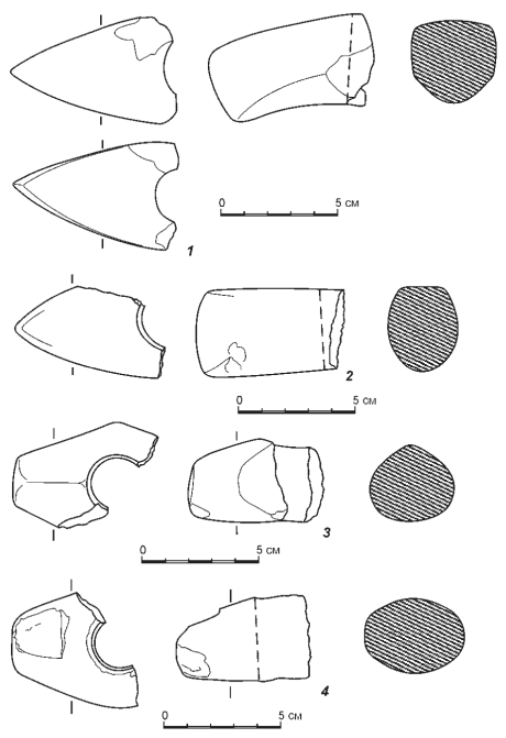1 - случайная находка каменного топора у с. Большая Глушица. Рисунок по фотографии; 2 - Царев курган; 3 - Муромский городок, 2000 г; 4 - Муромский городок, 1997 г.