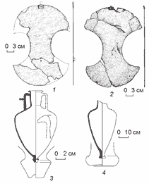Бронзовые пластинчатые налобники второго типа (1, 2) и амфоры (3, 4)