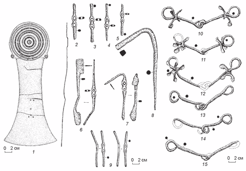 Предметы из Пластуновского кургана. 1 - бронзовый пластинчатый налобник первого типа; 2-5 - железные стержневидные псалии; 6, 7 - железные псалии с раскованными концами; 8 - железный штырь; 9 - бронзовые стержневидные псалии; 10-12 - железные удила с крестовидными насадками; 13-15 - железные удила.