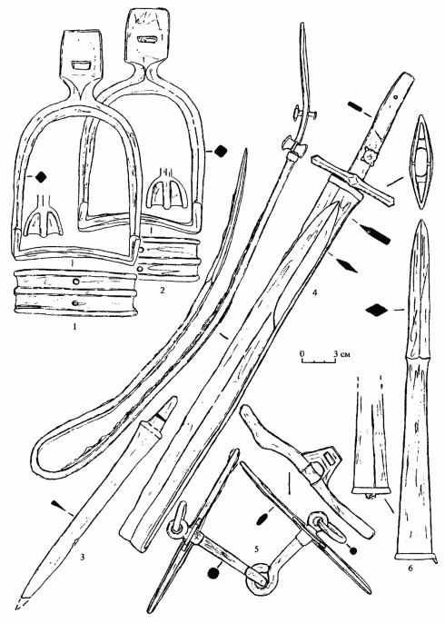 Комплекс № 1: 1, 2 - стремена; 3 - нож; 4 - сабля; 5 - удила; б - наконечник пики. 1-6 - железо.