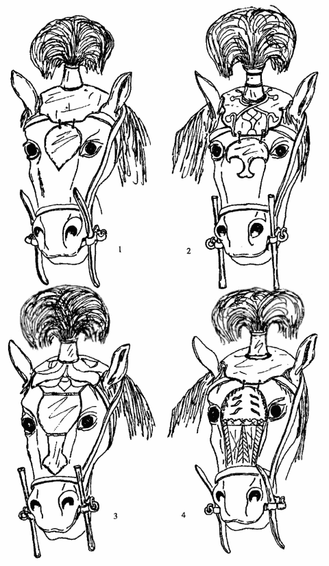 Реконструкция оголовий с начельниками из захоронений Верхнесалтовского могильника. 1 - конское захоронение 1; 2 - конское захоронение 3; 3 - конское захоронение 4; 4 - тайник катакомбы 25