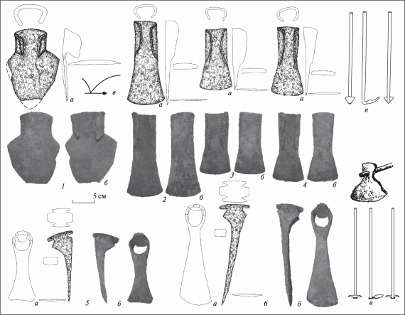 Орудия обработки почвы из окрестностей Боярки, фонды Боярского краеведческого музея (а - прорисовка б - фото; в - схематичная реконструкция): 1 - наральник; 2-4 - втульчастые мотыги; 5, 6 - проушные мотыги