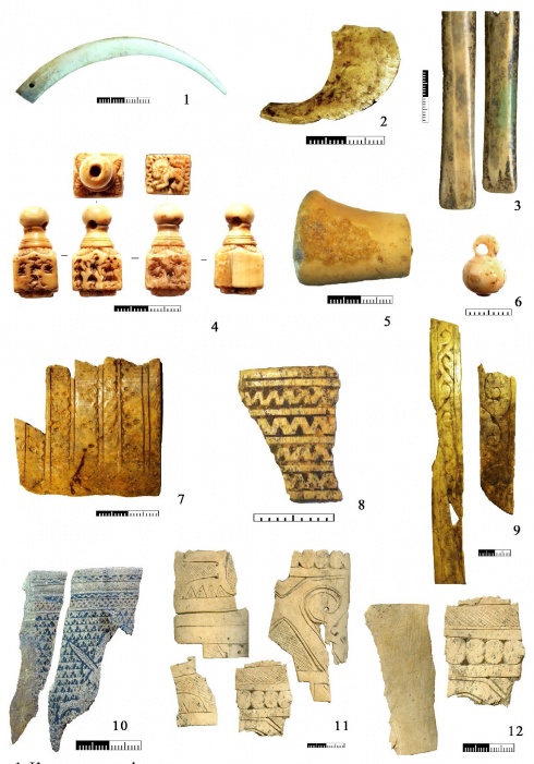 Костяные артефакты золотоордынского времени из раскопок последних лет: 1 - амулет из клыка кабарги; 2 - фрагмент кольца для стрельбы из лука из бивня моржа; 3 - предметы из бивня моржа; 4 - печать из бивня моржа; 5 - навершие из бивня моржа; 6 - пуговица из бивня моржа; 7, 8, 10 - фрагменты накладок на колчан из бивня слона; 9 - фрагменты накладок на колчан из ребра крупного рогатого скота; 11 - фрагменты накладок на колчан из бивня слона - производственные отходы; 12 - фрагменты накладок на колчан из плотного рога и бивня слона - производственные отходы (1, 10 - Болгар, раскоп CXCIX; 2, 3, 7-9 - Болгар, раскоп CLXII; 4 - Болгар, раскоп CLXXIX; 5 - Кош Кую; 6 - Батальное-I; 11-12 - Азов, раскоп Социалистическая, 53)