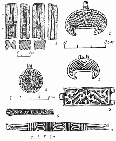 1 - литейная форма из Биляра; 2 - привеска- лунница с Измерского селища; 3 - привеска-лунница из Новгорода; 4 - монетовидная привеска с Измерского селища; 5 - фрагмент браслета с шарнирным соединением из Новгорода; 6 - фрагмент пластинчатого браслета с растительным орнаментом из Новгорода (по М.В. Седовой, 1997); 7 - узкомассивный браслет из Новгорода